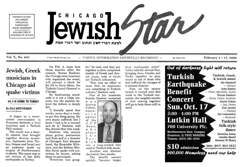 Article in Chicago’s Jewish Star February 4, 2000 about the Ensemble M’chaiya (tm)’s sponsorship of the Relief Benefit for the Turkish Earthquake survivors.